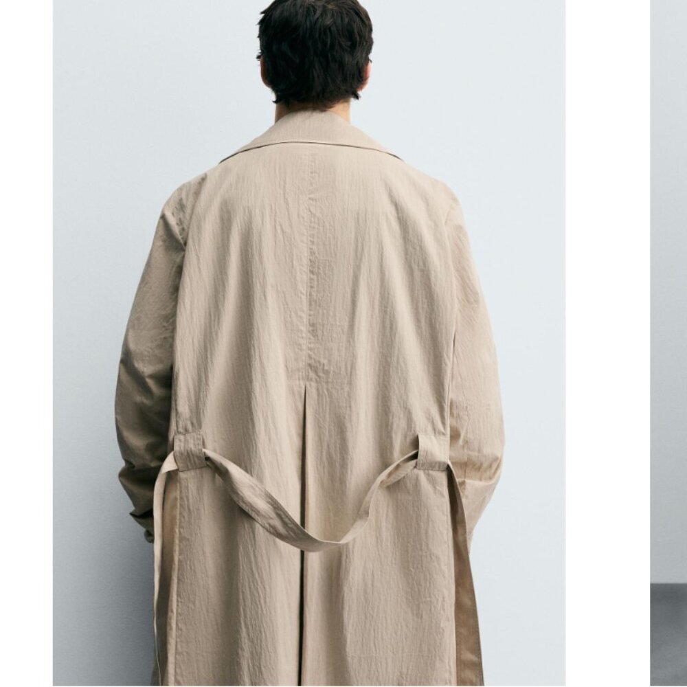 Zara Men's Oversized Fit Trench Coat Crinkle Tan Lightweight NWT S-M Size - Picture 9 of 14